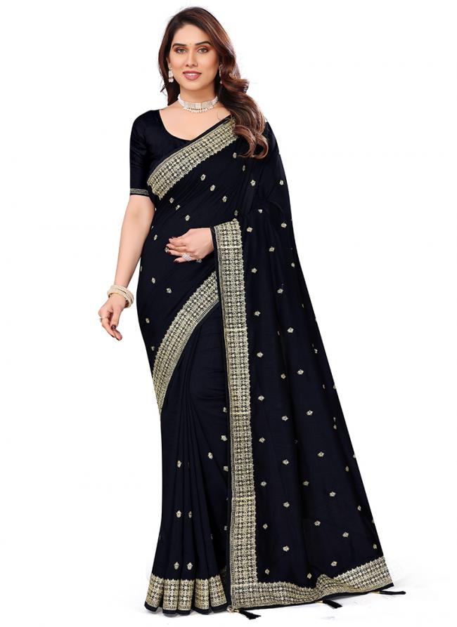 Vichitra Blooming Black Wedding Wear Zari Work Saree